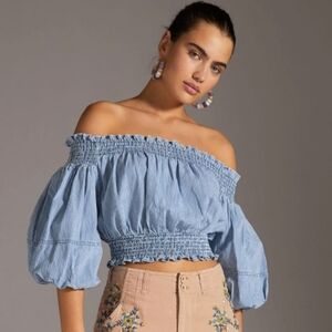 Porridge Top Denim Cropped Striped‎ Off Shoulder